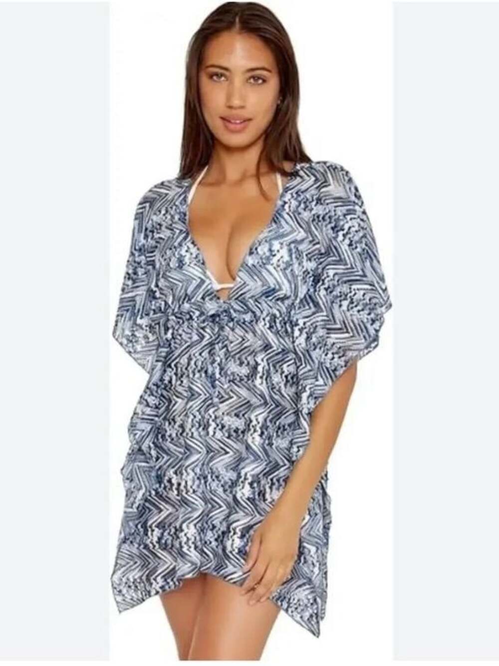 BECCA - Blue Chevron Knit V-Neck Kaftan Beach Cover Up - Size M/L